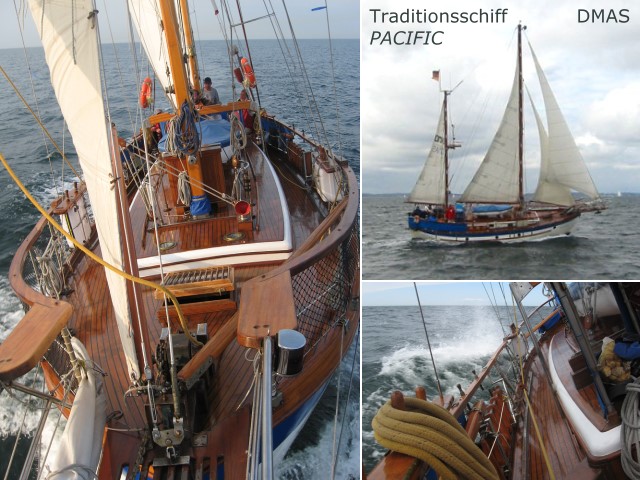 Segeln auf der Ostee ab Travemuende auf einem Colin Archer Lotsenkutter (Pacific / DMAS). Tages und Wochencharter mit Skipper.